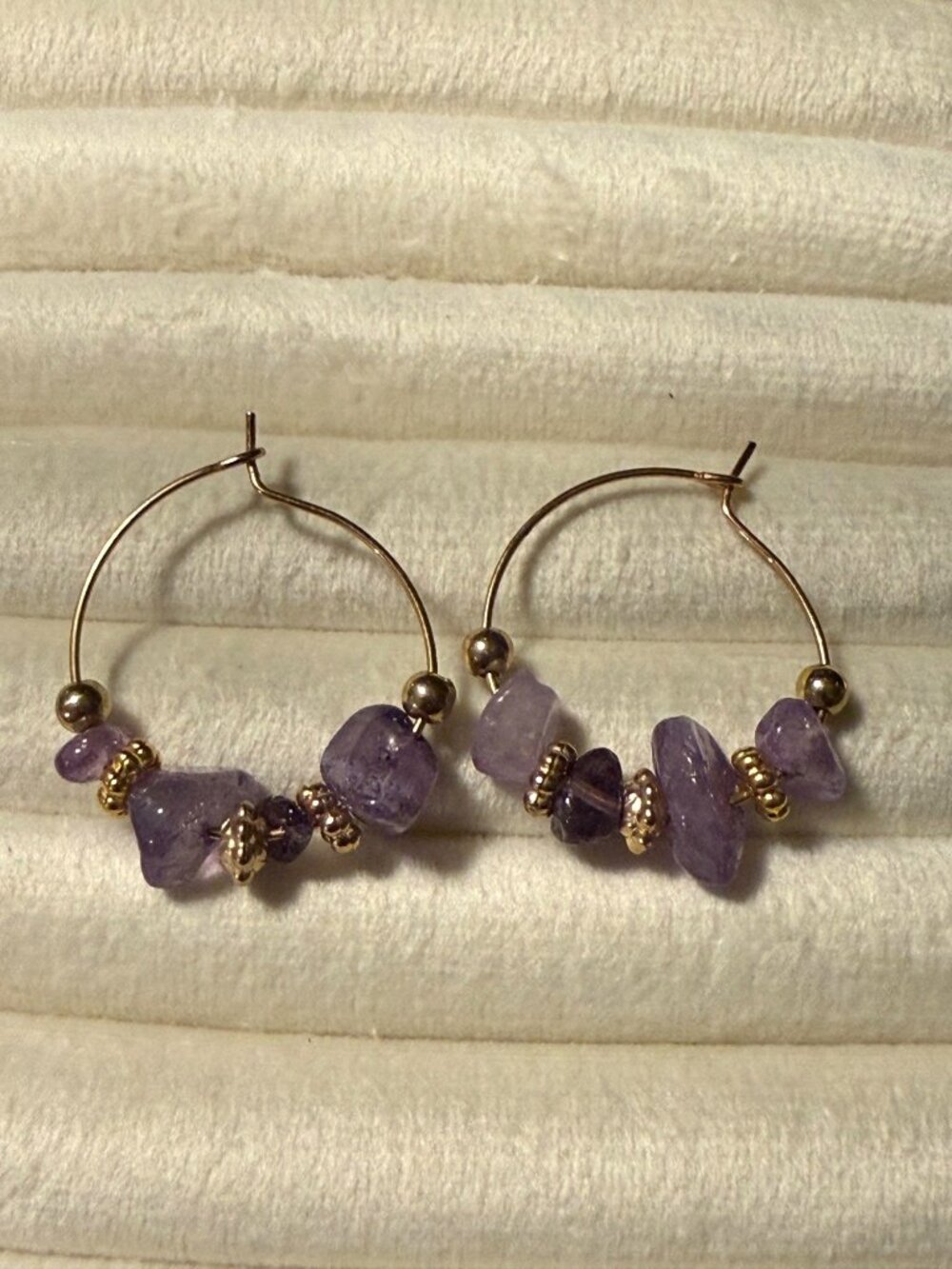 Amethyst & Gold Bead Hoops Minimalist Earrings Handmade Jewelry